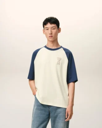 Ami de Coeur T-Shirt de algodón con parche de punto en blanco y azul