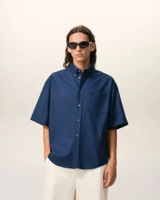 Camisa azul de algodón de corte holgado con bordados «Ami de Coeur»