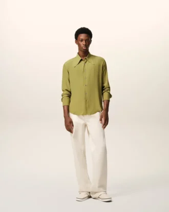Camisas ajustadas de cuello afilado en mezcla de seda verde