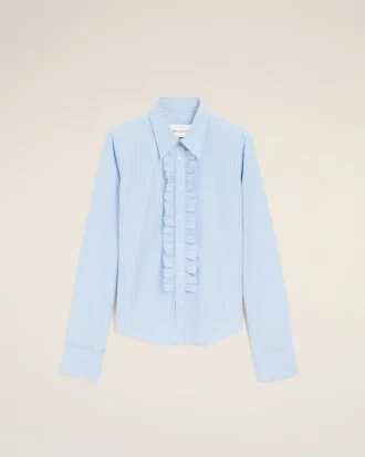 Camisas ajustadas de manga larga con volantes de algodón azul