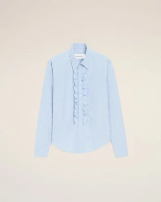 Camisas ajustadas de manga larga con volantes de algodón azul Camisas ajustadas de manga larga con volantes de algodón azul