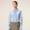 Camisas ajustadas de manga larga con volantes de algodón azul Camisas ajustadas de manga larga con volantes de algodón azul
