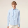 Camisas ajustadas de manga larga con volantes de algodón azul Camisas ajustadas de manga larga con volantes de algodón azul