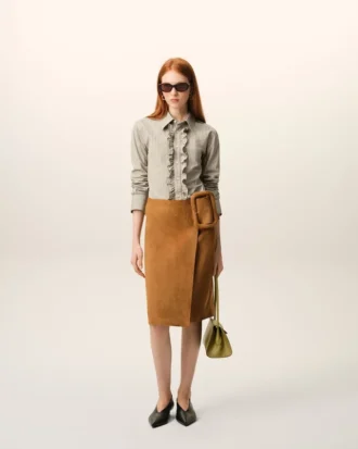 Camisas ajustadas de manga larga con volantes de algodón beige