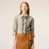 Camisas ajustadas de manga larga con volantes de algodón beige Camisas ajustadas de manga larga con volantes de algodón beige