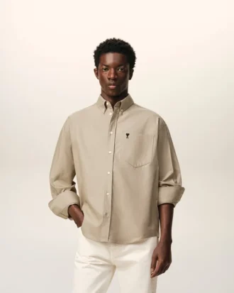 Camisas Ami de Coeur de algodón beige con corte recto y bordado