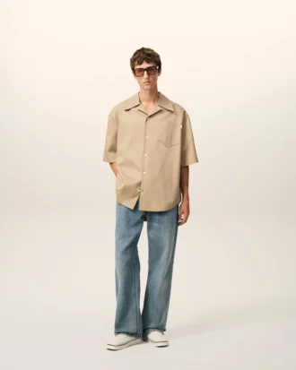 Camisas anchas de manga corta y cuello camp de algodón beige