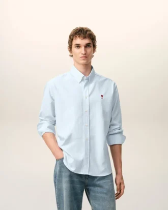Camisas clásicas de manga larga de algodón azul con cuello abotonado y bordado «ADC»