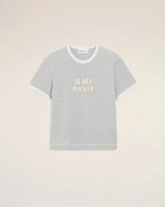 Camiseta de algodón gris Ami Paris con parche de punto Camiseta de algodón gris Ami Paris con parche de punto