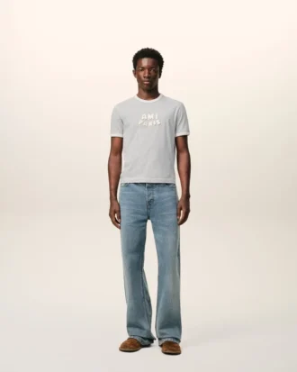 Camiseta de algodón gris Ami Paris con parche de punto Camiseta de algodón gris Ami Paris con parche de punto