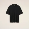 Camiseta de manga corta de satén negro con detalle de canalé