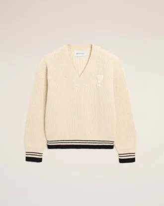 Jersey Ami de Coeur de cuello en V de lana acanalada blanca