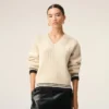 Jersey Ami de Coeur de cuello en V de lana acanalada blanca