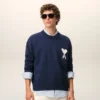 Jersey de cuello redondo Ami de Coeur de lana y algodón azul Jersey de cuello redondo Ami de Coeur de lana y algodón azul