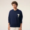 Jersey de cuello redondo Ami de Coeur de lana y algodón azul Jersey de cuello redondo Ami de Coeur de lana y algodón azul