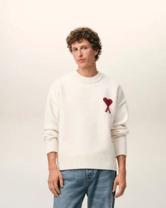 Jersey de cuello redondo de lana natural con Ami de Coeur en contraste