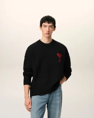 Jersey de cuello redondo de lana negra con Ami de Coeur en contraste