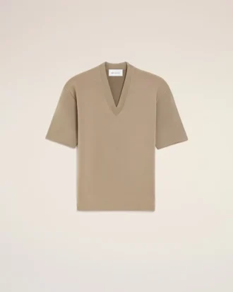 Jerséu de manga corta y cuello en V de lana beige
