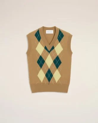 Jerséu sin mangas de lana y algodón marrón con diseño Argyle en intarsia Jerséu sin mangas de lana y algodón marrón con diseño Argyle en intarsia
