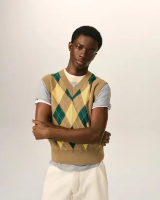 Jerséu sin mangas de lana y algodón marrón con diseño Argyle en intarsia Jerséu sin mangas de lana y algodón marrón con diseño Argyle en intarsia
