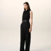 Pantalones anchos de cintura alta de lana virgen negra Pantalones anchos de cintura alta de lana virgen negra