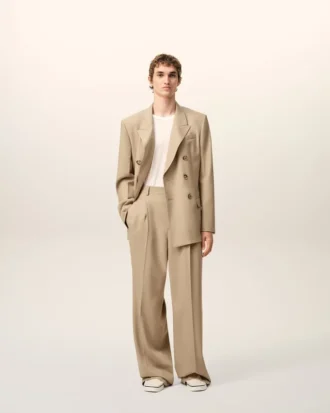 Pantalones anchos de cintura baja de lana nueva en color beige