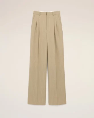 Pantalones beige de lana virgen con cintura alta y pierna ancha