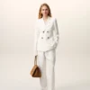 Pantalones blancos de mezcla de lino con cintura elástica Pantalones blancos de mezcla de lino con cintura elástica