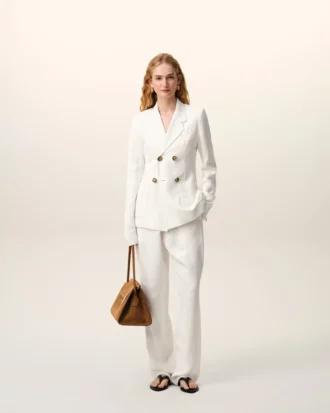 Pantalones blancos de mezcla de lino con cintura elástica