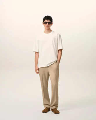 Pantalones de lana beige con cintura elástica