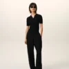 Pantalones negros de mezcla de lino con cintura elástica Pantalones negros de mezcla de lino con cintura elástica