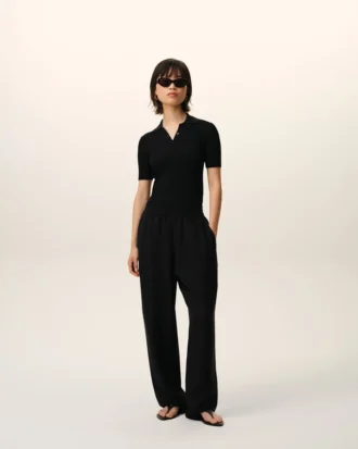 Pantalones negros de mezcla de lino con cintura elástica Pantalones negros de mezcla de lino con cintura elástica