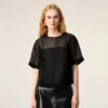 Top negro de seda de manga corta transparente con top interior Top negro de seda de manga corta transparente con top interior