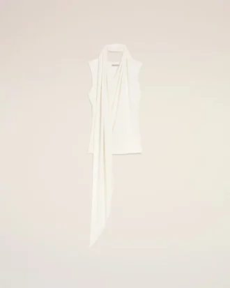 Top sin mangas con cuello lavallière de jersey blanco