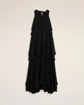 Vestido largo negro de mezcla de seda con volantes