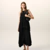 Vestido largo negro de mezcla de seda con volantes Vestido largo negro de mezcla de seda con volantes