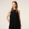 Vestido largo negro de mezcla de seda con volantes Vestido largo negro de mezcla de seda con volantes