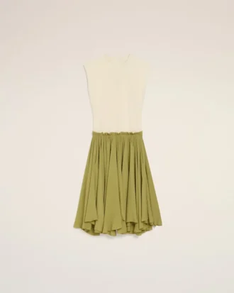 Vestido midi bicolor en lana virgen, blanco y verde