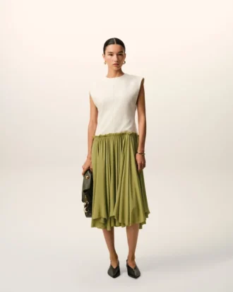 Vestido midi bicolor en lana virgen, blanco y verde